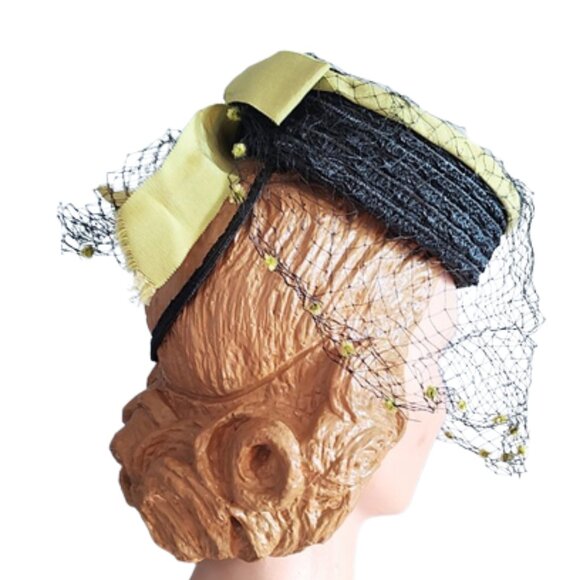1940s True Vintage Black Tilt Hat With Green Ribbon Trim And A Full Face Veil - Picture 5 of 8